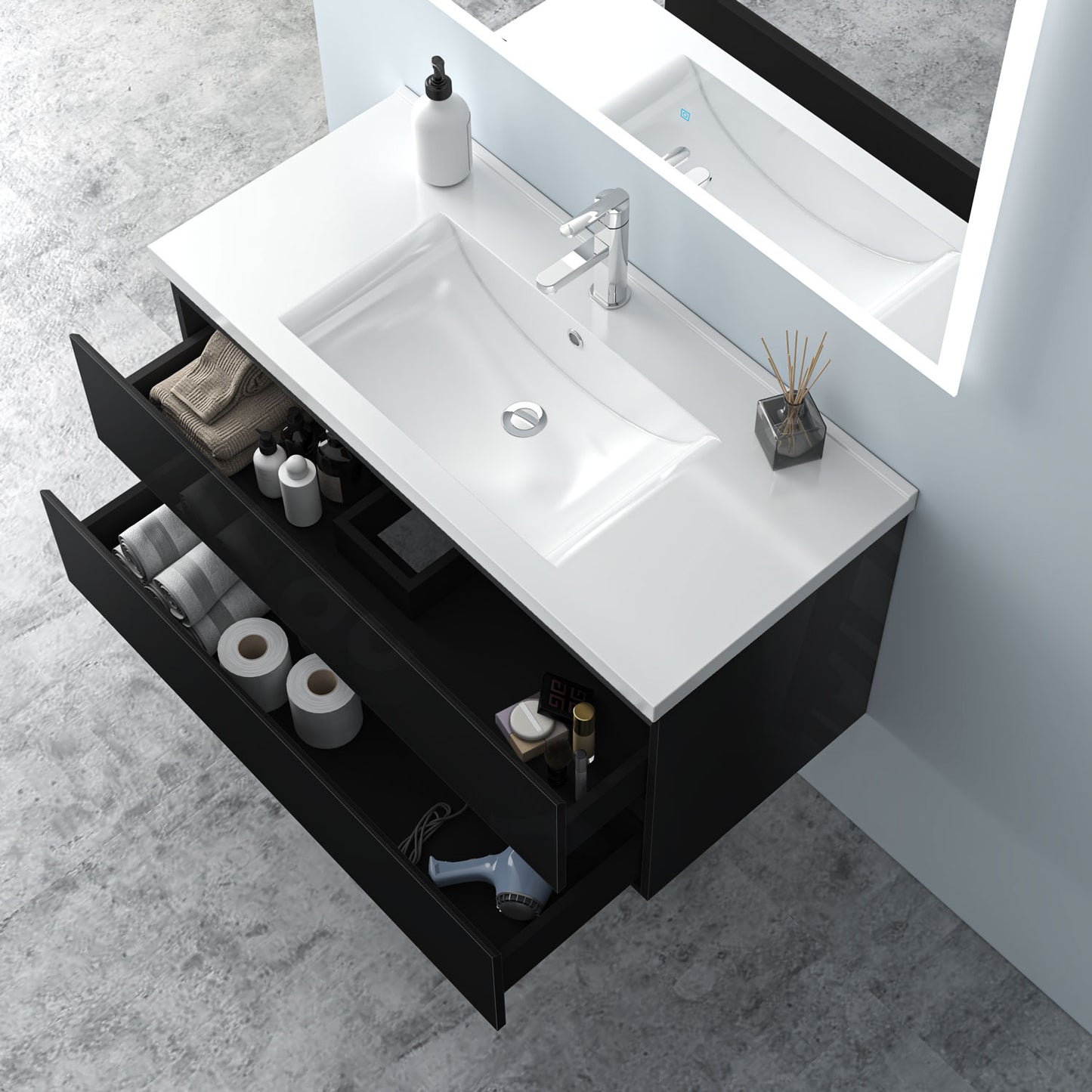 Badezimmermöbel 100cm Keramik Waschtisch mit Unterschrank Badmöbel set Badezimmerschränke mit 2 Soft-Close Schubladen Hochglanz Schwarz