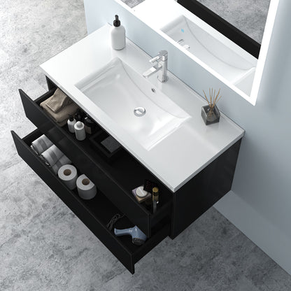 Badezimmermöbel 100cm Keramik Waschtisch mit Unterschrank Badmöbel set Badezimmerschränke mit 2 Soft-Close Schubladen Hochglanz Schwarz
