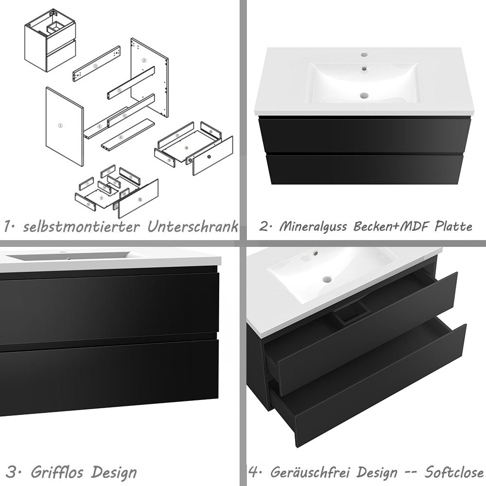 Badezimmermöbel 100cm Mineralguss Waschtisch mit Unterschrank Badmöbel set Badezimmerschränke mit 2 Soft-Close Schubladen Hochglanz Schwarz