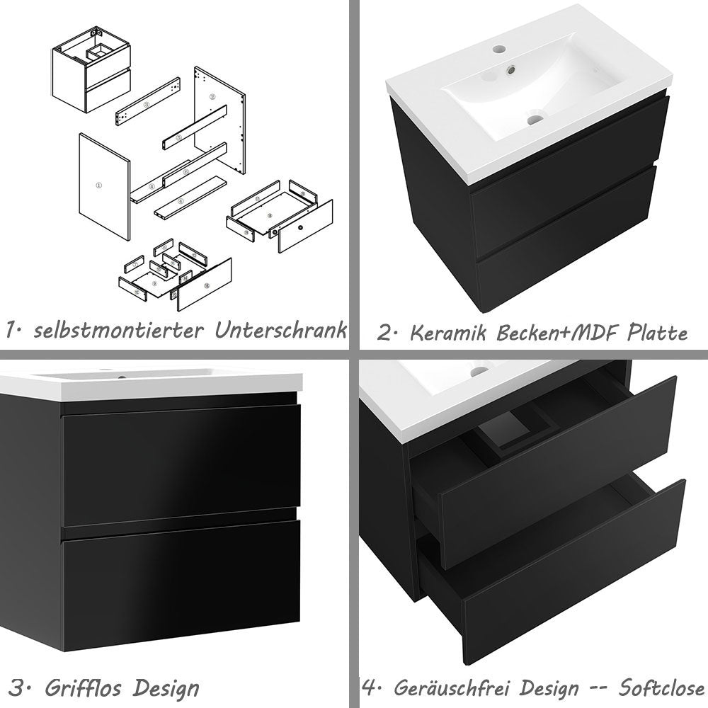Badezimmermöbel 60cm Dickes Keramik Waschtisch mit Unterschrank Badmöbel set Badezimmerschränke mit 2 Soft-Close Schubladen Hochglanz Schwarz