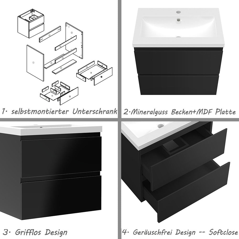 Badezimmermöbel 60cm Mineralguss Waschtisch mit Unterschrank Badmöbel set Badezimmerschränke mit 2 Soft-Close Schubladen Hochglanz Schwarz