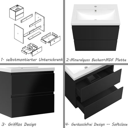 Badezimmermöbel 60cm Mineralguss Waschtisch mit Unterschrank Badmöbel set Badezimmerschränke mit 2 Soft-Close Schubladen Hochglanz Schwarz