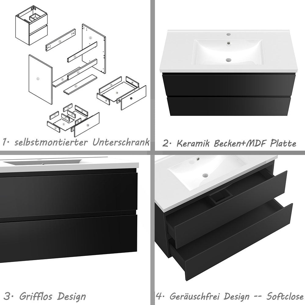 Badezimmermöbel 100cm Keramik Waschtisch mit Unterschrank Badmöbel set Badezimmerschränke mit 2 Soft-Close Schubladen Hochglanz Schwarz