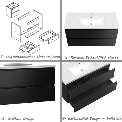 Badezimmermöbel 100cm Keramik Waschtisch mit Unterschrank Badmöbel set Badezimmerschränke mit 2 Soft-Close Schubladen Hochglanz Schwarz
