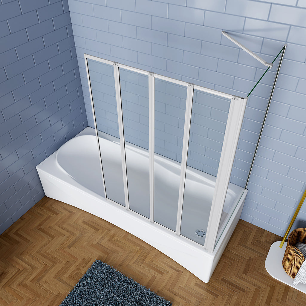 Badewannenaufsatz mit Seitenwand 4 teilig Faltbar Duschabtrennung Duschwand für Badewanne 90+75 cm 4mm Sicherheitsglas H.140 cm