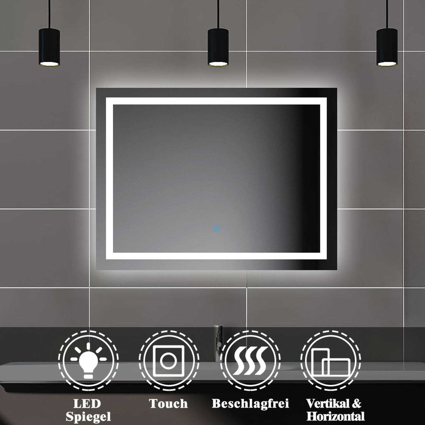 Badspiegel mit Beleuchtung,100x60cm LED Wandspiegel mit Touch-Schalter,Beschlagfrei,Badezimmerspiegel mit Kaltweiß,IP44
