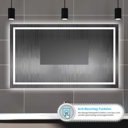 Badspiegel mit Beleuchtung,100x80cm LED Wandspiegel mit Touch-Schalter,Beschlagfrei,Badezimmerspiegel mit Kaltweiß,IP44