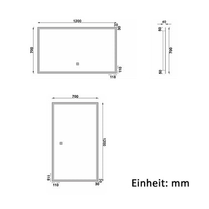 120x70cm LED Badspiegel mit Wandschalter/Touchschalter,Badspiegel mit Beleuchtung,Beschlagfrei,Badezimmerspiegel mit 3 Lichtfarbe 2700-6500K Dimmbar,IP44