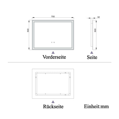 Badspiegel mit Beleuchtung 70x50cm LED Wandspiegel mit Touch und Bluetooth,Badezimmerspiegel Beschlagfrei 3 Lichtfarbe 2700-6500K Dimmbar,IP44