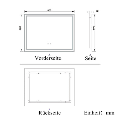 Badspiegel mit Beleuchtung 80x60cm LED Wandspiegel mit Touch und Bluetooth,Badezimmerspiegel Beschlagfrei 3 Lichtfarbe 2700-6500K Dimmbar,IP44