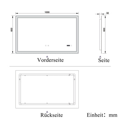 Badspiegel mit Beleuchtung 100x60cm LED Wandspiegel mit Touch,Bluetooth und Uhr,Badezimmerspiegel Beschlagfrei 3 Lichtfarbe 2700-6500K Dimmbar,IP44