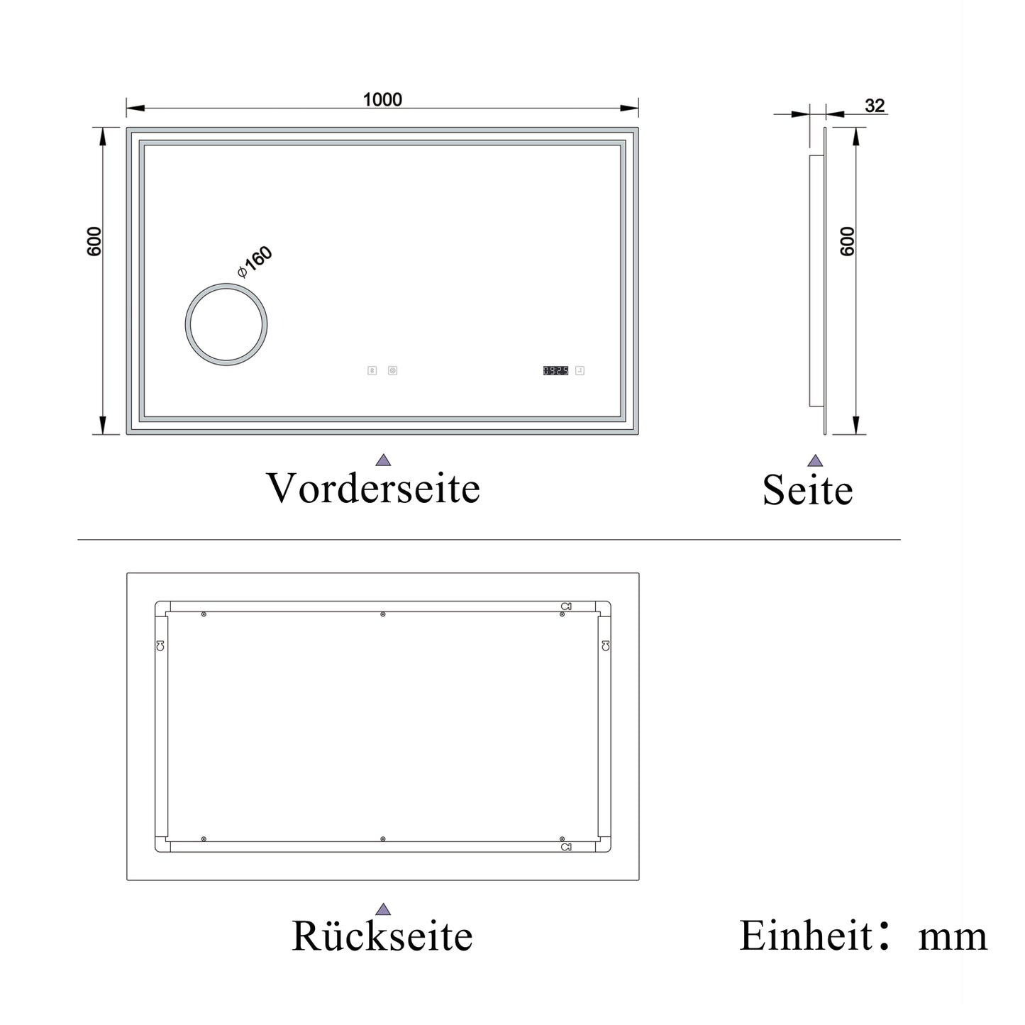 Badspiegel mit Beleuchtung 100x60cm LED Wandspiegel mit Bluetooth, Uhr,Touch und 3x Vergrößernder Kosmetikspiegel,Badezimmerspiegel Beschlagfrei 3 Lichtfarbe 2700-6500K Dimmbar,IP44