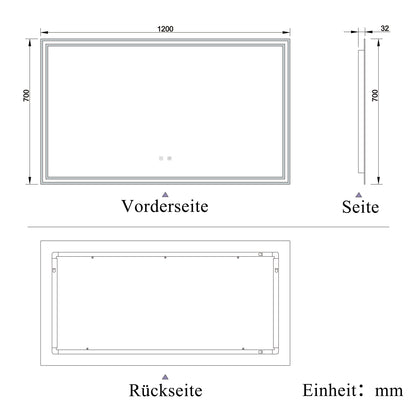 Badspiegel mit Beleuchtung 120x70cm LED Wandspiegel mit Touch und Bluetooth,Badezimmerspiegel Beschlagfrei 3 Lichtfarbe 2700-6500K Dimmbar,IP44