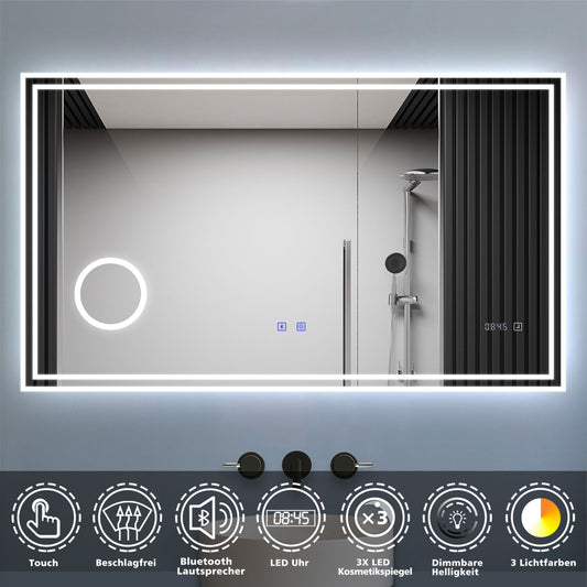 Badspiegel mit Beleuchtung LED Wandspiegel mit Bluetooth, Uhr,Touch und 3x Vergrößernder Kosmetikspiegel,Badezimmerspiegel Beschlagfrei 3 Lichtfarbe 2700-6500K Dimmbar,IP44
