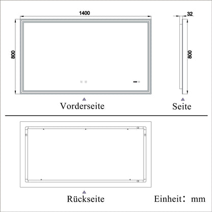 Badspiegel mit Beleuchtung 140x80cm LED Wandspiegel mit Touch,Bluetooth und Uhr,Badezimmerspiegel Beschlagfrei 3 Lichtfarbe 2700-6500K Dimmbar,IP44
