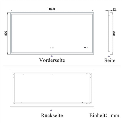 Badspiegel mit Beleuchtung 160x80cm LED Wandspiegel mit Touch,Bluetooth und Uhr,Badezimmerspiegel Beschlagfrei 3 Lichtfarbe 2700-6500K Dimmbar,IP44
