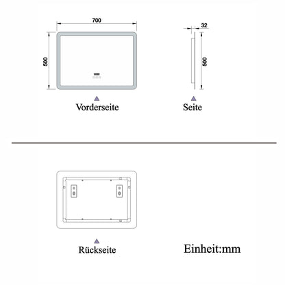 70x50cm LED Badspiegel mit Bluetooth und Uhr,Badspiegel mit Beleuchtung,Touch,Beschlagfrei,Badezimmerspiegel mit 3 Lichtfarbe 2700-6500K Dimmbar,IP44