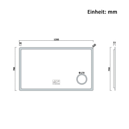 120x70cm LED Badspiegel mit Bluetooth,Touch und 3x Vergrößernder Kosmetikspiegel,Badspiegel mit Beleuchtung,Beschlagfrei,Badezimmerspiegel mit 3 Lichtfarbe 2700-6500K Dimmbar,IP44