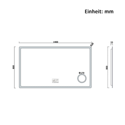 140x80cm LED Badspiegel mit Bluetooth,Touch und 3x Vergrößernder Kosmetikspiegel,Badspiegel mit Beleuchtung,Beschlagfrei,Badezimmerspiegel mit 3 Lichtfarbe 2700-6500K Dimmbar,IP44