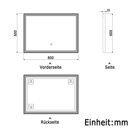 LED Wandspiegel 80x60cm Beschlagfrei Touch/Wandschalter 3 Lichtfarbe +Dimmbar Badspiegel mit Beleuchtung Badezimmerspiegel mit Schwarz Rahmen IP44