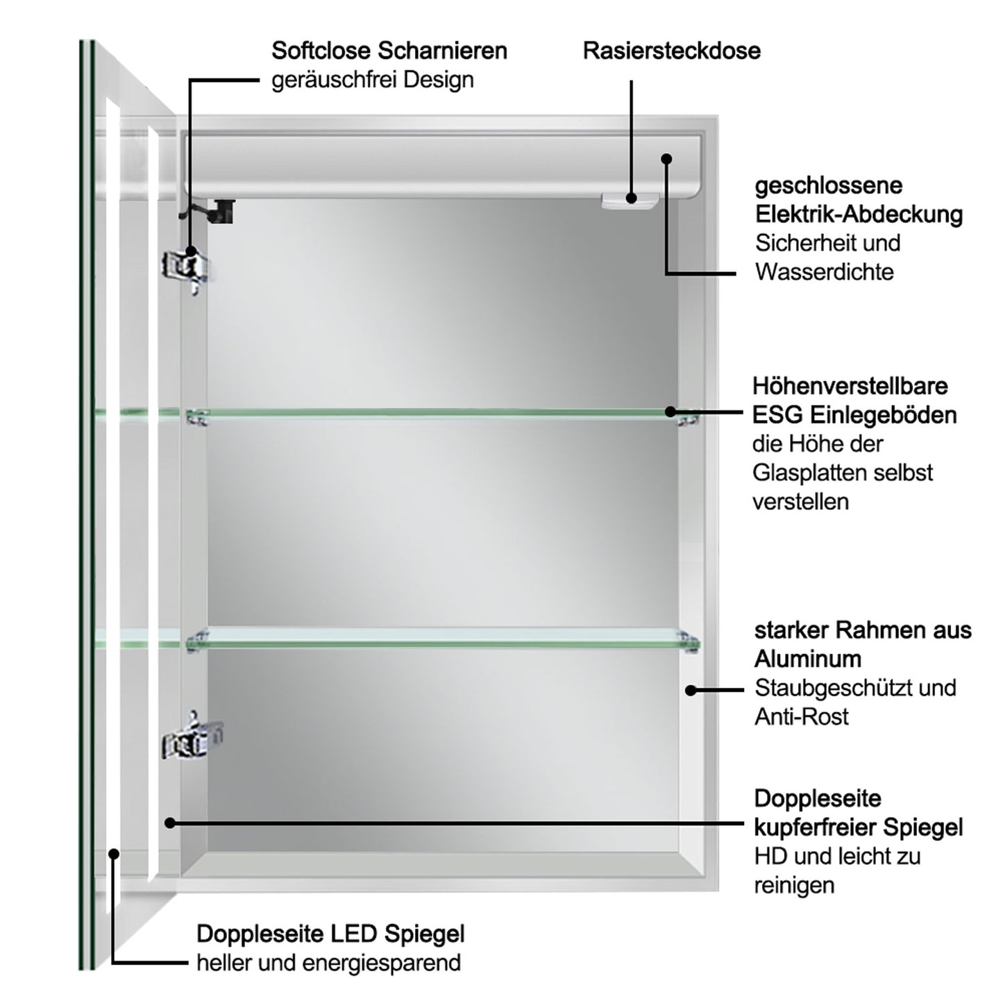 LED Spiegelschrank ARYA Badspiegelschrank mit Beleuchtung, Aluminium, beschlagfrei, Doppelseitiger Spiegel, Touch-Sensor Schalter, mit Steckdose, Kaltweiss