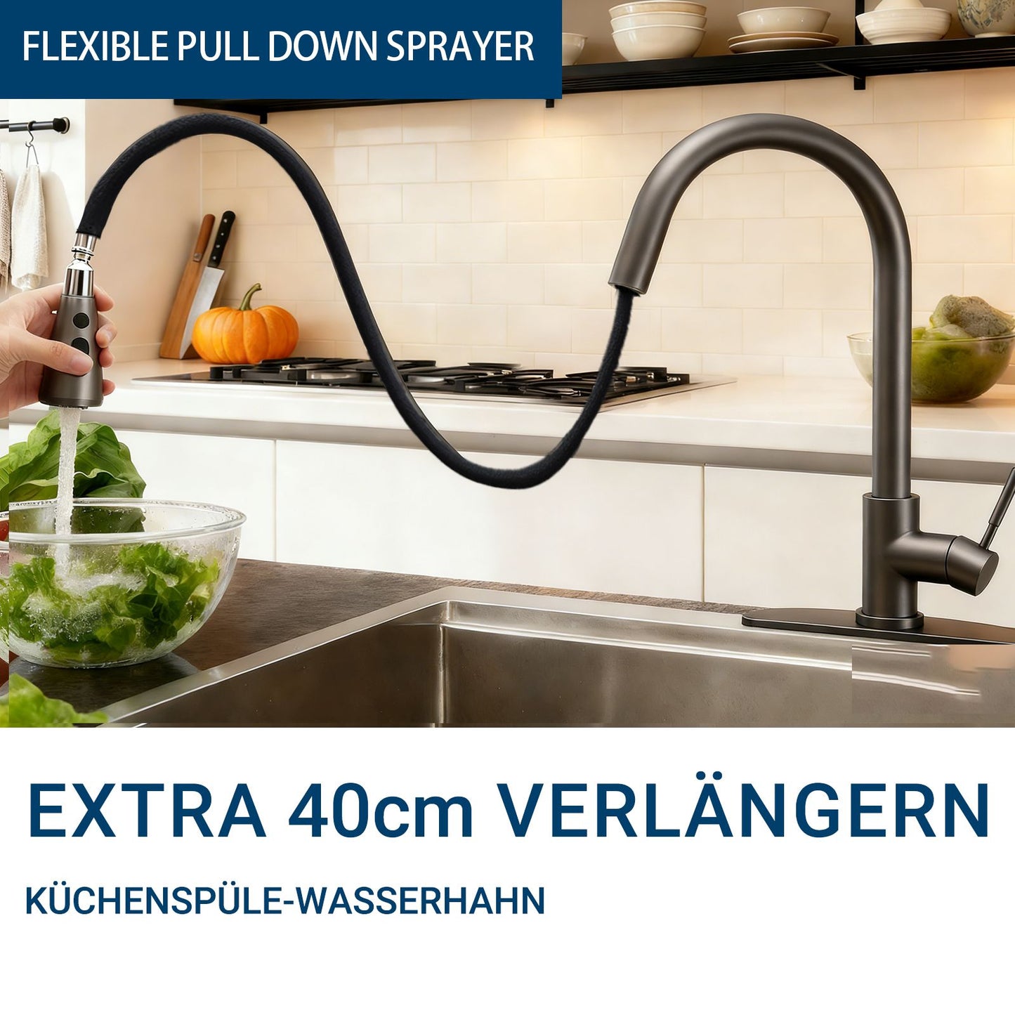 AICA Küchenarmatur mit ausziehbarem Auslauf, 360° Drehbar, 3 Modi – Edelstahl in verschiedenen Farben