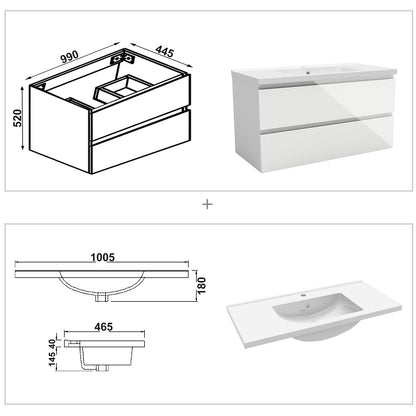Badezimmermöbel 100cm Keramik Waschtisch mit Unterschrank Badmöbel set Badezimmerschränke mit 2 Soft-Close Schubladen Hochglanz Weiß