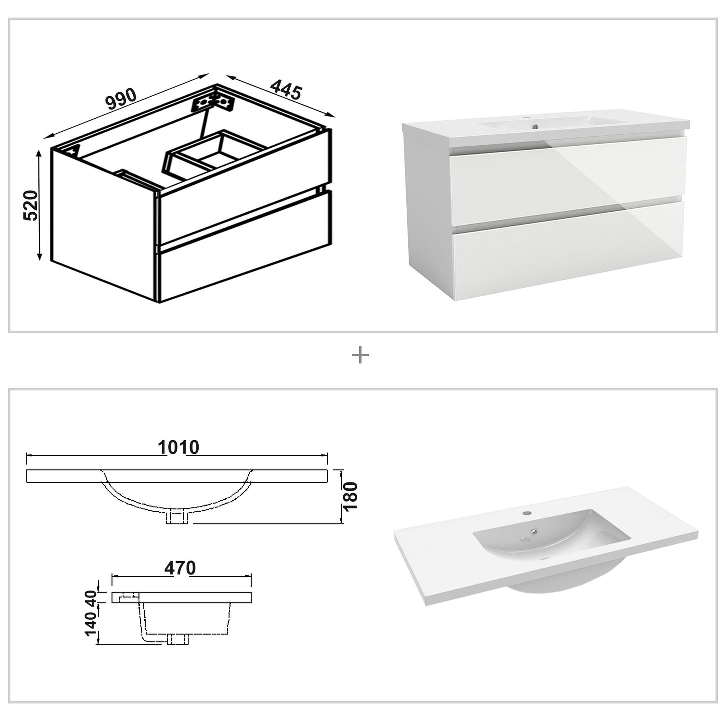 Badezimmermöbel 100cm Mineralguss Waschtisch mit Unterschrank Badmöbel set Badezimmerschränke mit 2 Soft-Close Schubladen Hochglanz Weiß