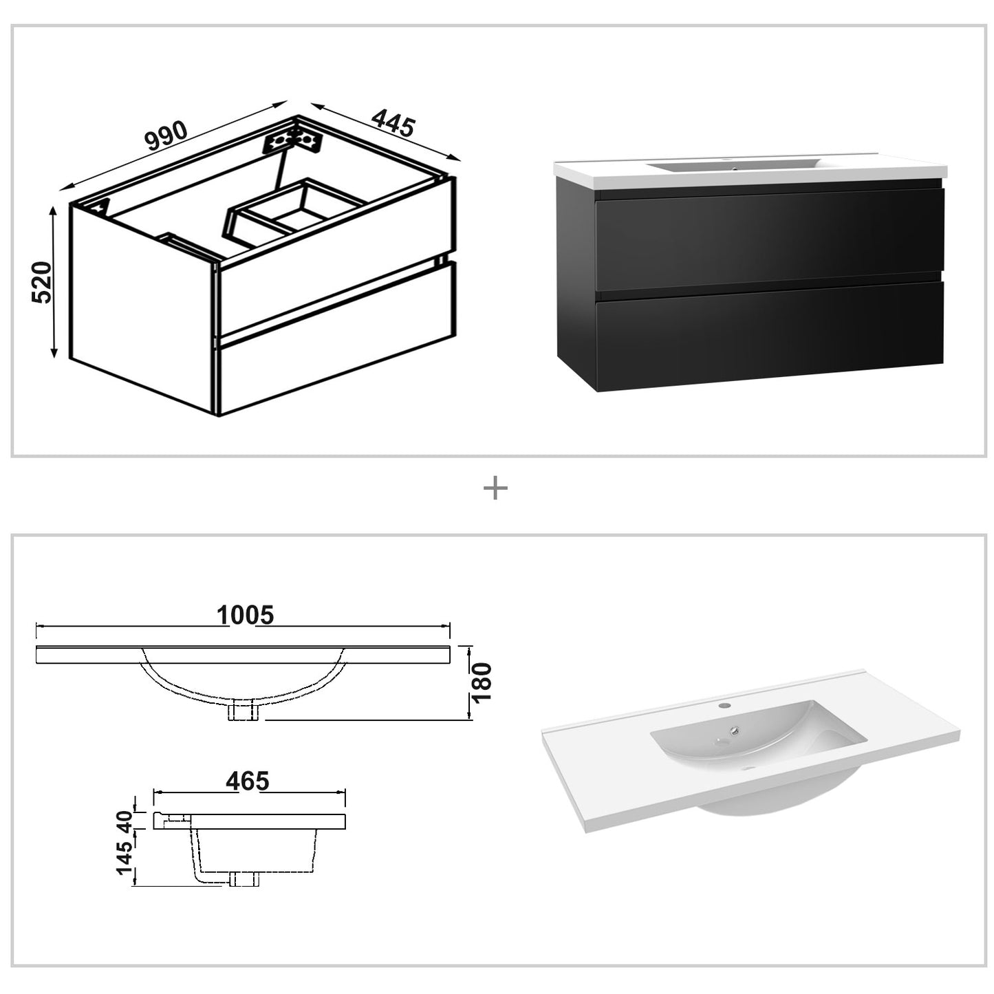 Badezimmermöbel 100cm Keramik Waschtisch mit Unterschrank Badmöbel set Badezimmerschränke mit 2 Soft-Close Schubladen Hochglanz Schwarz