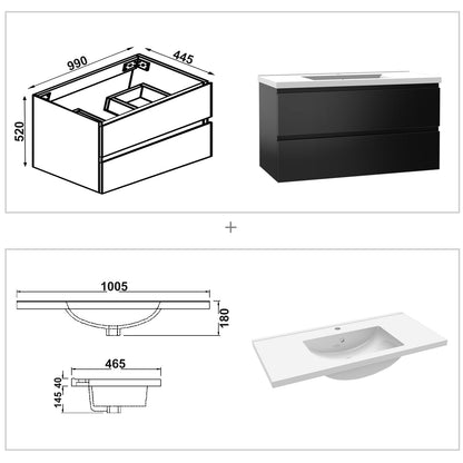 Badezimmermöbel 100cm Keramik Waschtisch mit Unterschrank Badmöbel set Badezimmerschränke mit 2 Soft-Close Schubladen Hochglanz Schwarz