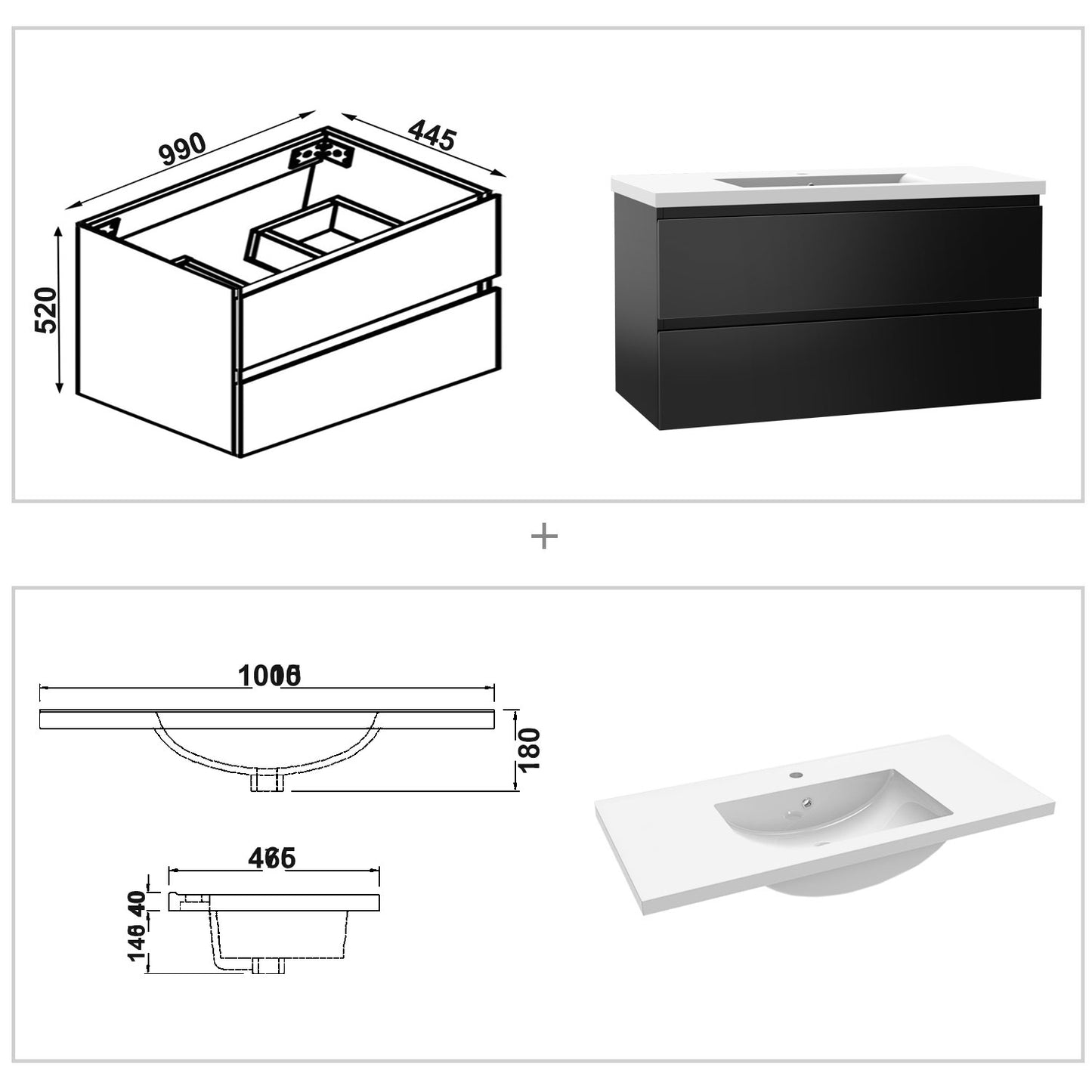 Badezimmermöbel 100cm Mineralguss Waschtisch mit Unterschrank Badmöbel set Badezimmerschränke mit 2 Soft-Close Schubladen Hochglanz Schwarz