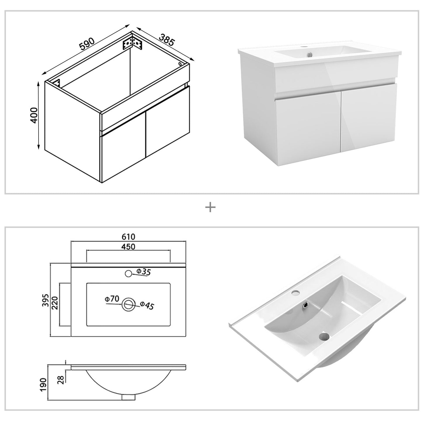 Badezimmer Badmöbel 60cm Dünn Keramik Waschtisch mit Unterschrank Hängeschrank Hochglanz Weiß Badezimmerschränke Badschrank mit 2 Soft-Close Türen
