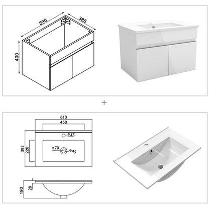 Badezimmer Badmöbel 60cm Dünn Keramik Waschtisch mit Unterschrank Hängeschrank Hochglanz Weiß Badezimmerschränke Badschrank mit 2 Soft-Close Türen