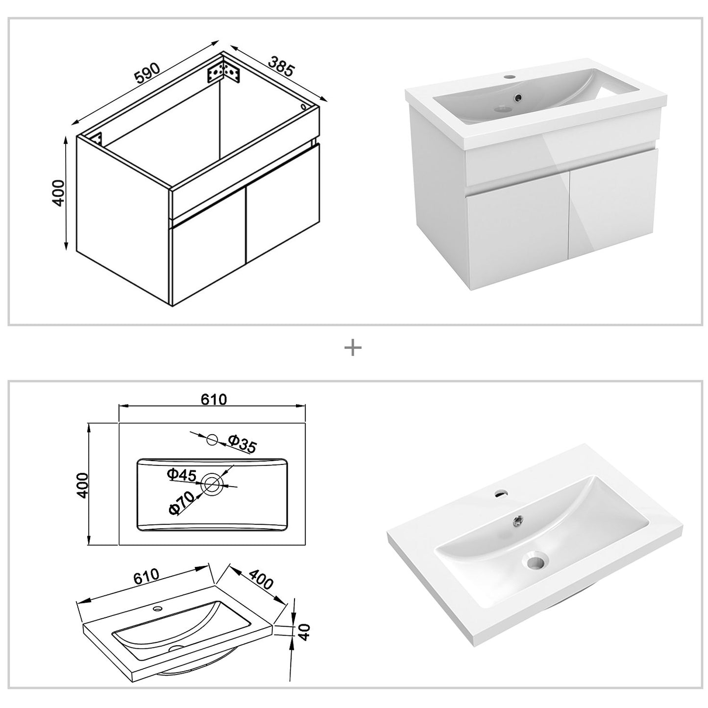 Badezimmer Badmöbel 60cm Mineralguss Waschtisch mit Unterschrank Hängeschrank Hochglanz Weiß Badezimmerschränke Badschrank mit 2 Soft-Close Türen