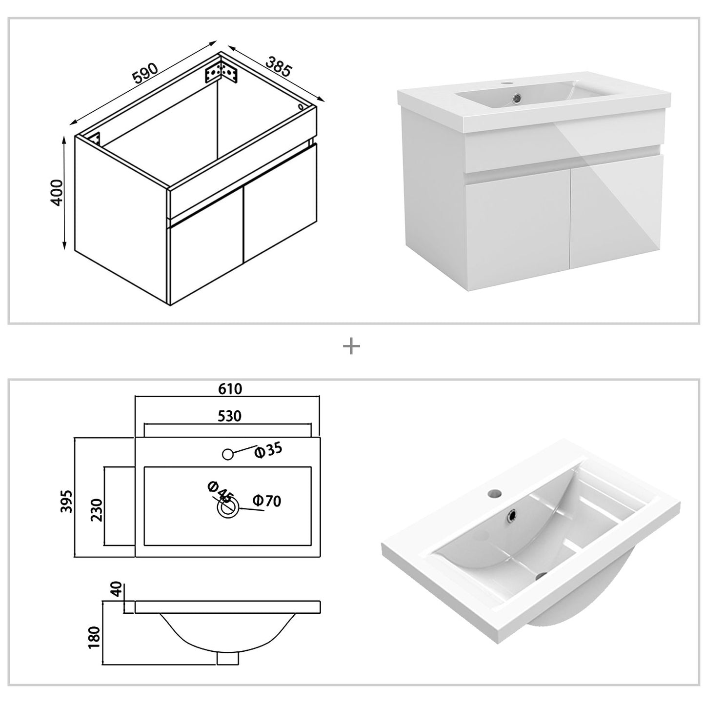 Badezimmer Badmöbel 60cm Dickes Keramik Waschtisch mit Unterschrank Hängeschrank Hochglanz Weiß Badezimmerschränke Badschrank mit 2 Soft-Close Türen