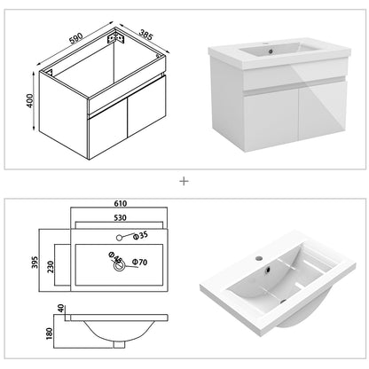 Badezimmer Badmöbel 60cm Dickes Keramik Waschtisch mit Unterschrank Hängeschrank Hochglanz Weiß Badezimmerschränke Badschrank mit 2 Soft-Close Türen