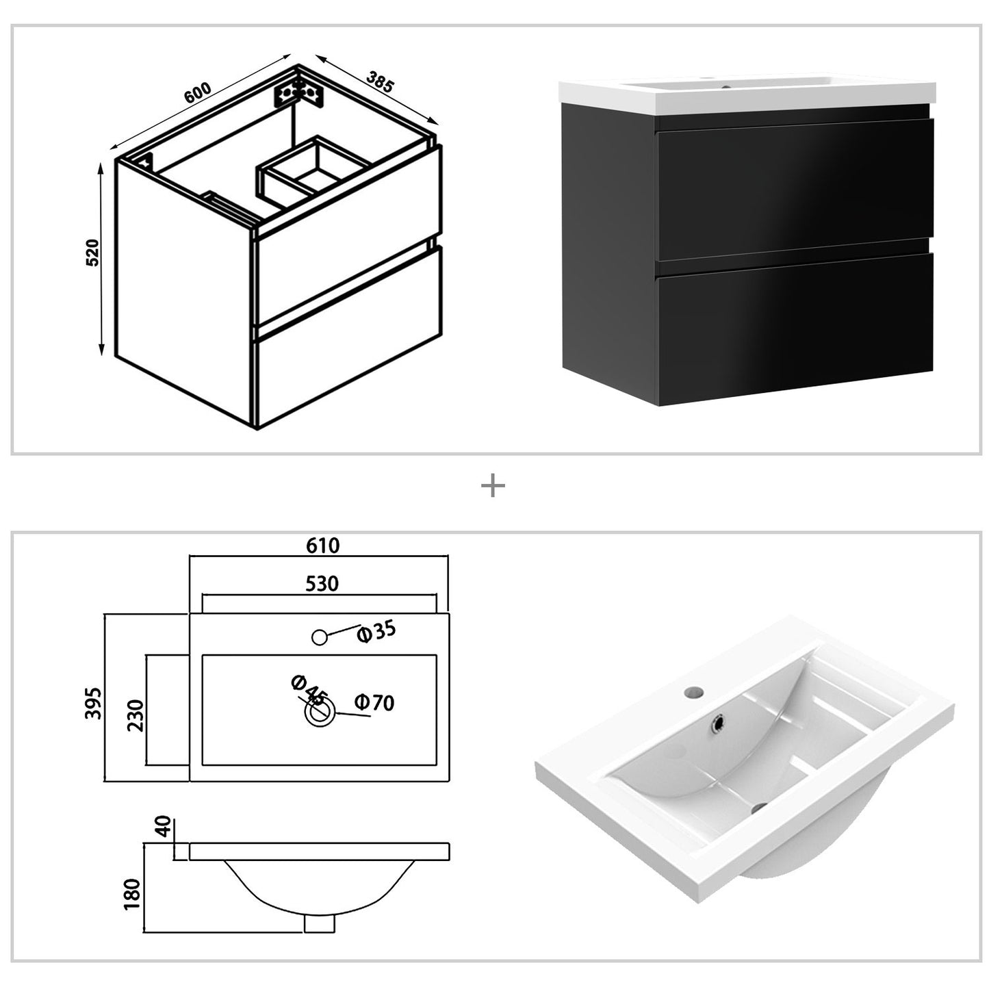Badezimmermöbel 60cm Dickes Keramik Waschtisch mit Unterschrank Badmöbel set Badezimmerschränke mit 2 Soft-Close Schubladen Hochglanz Schwarz