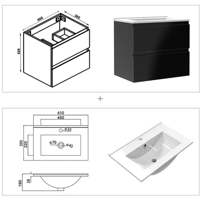 Badezimmermöbel 60cm Dünn Keramik Waschtisch mit Unterschrank Badmöbel set Badezimmerschränke mit 2 Soft-Close Schubladen Hochglanz Schwarz