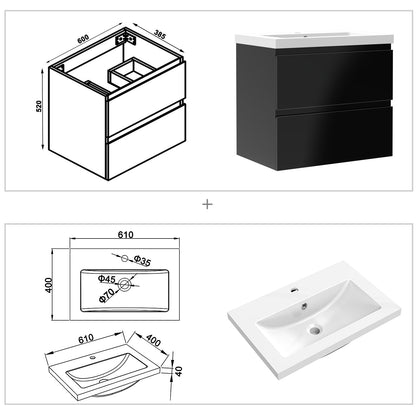 Badezimmermöbel 60cm Mineralguss Waschtisch mit Unterschrank Badmöbel set Badezimmerschränke mit 2 Soft-Close Schubladen Hochglanz Schwarz
