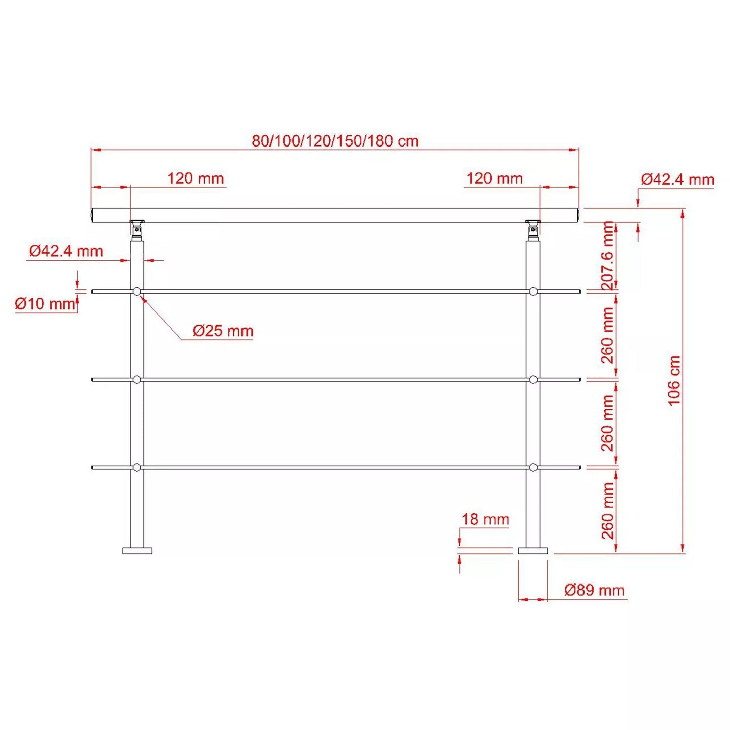 Brüstung Handläufe und Geländersysteme Geländer 3 Querstäbe Treppengeländer Edelstahl Handlauf Balkongeländer