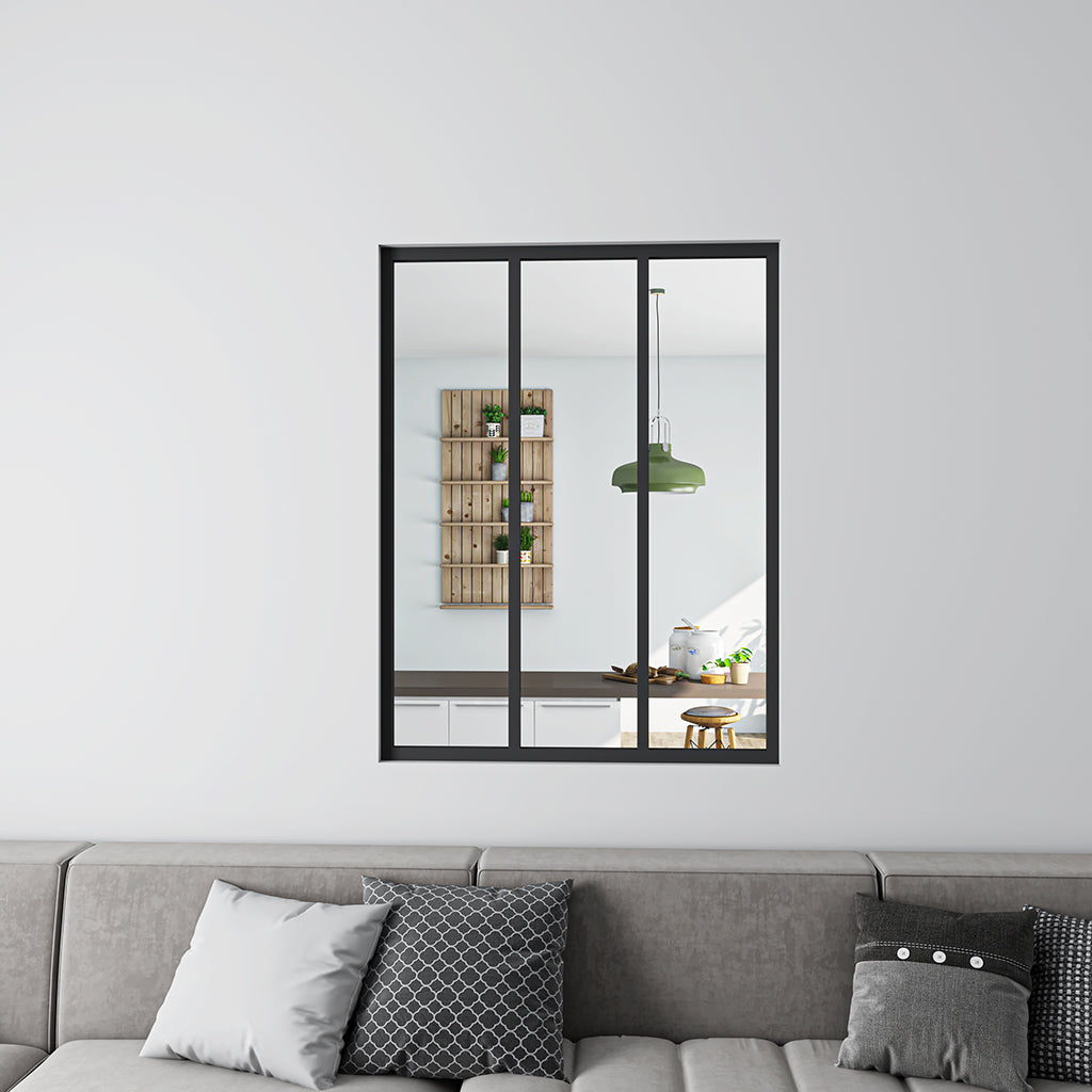 Schwarzes Innenfenster feststehend gehärtetes Klarglas H.108 cm