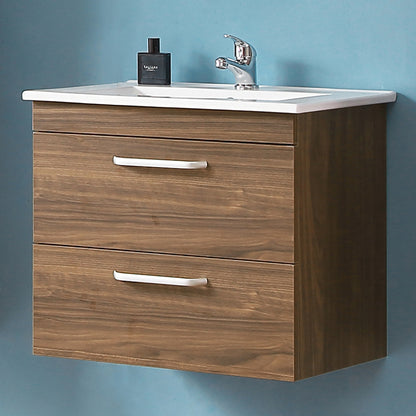 Badmöbel Set 60 cm Weiß/Walnuss Waschbecken mit Unterschrank Waschtisch Keramikbecken Weiß/Walnuss