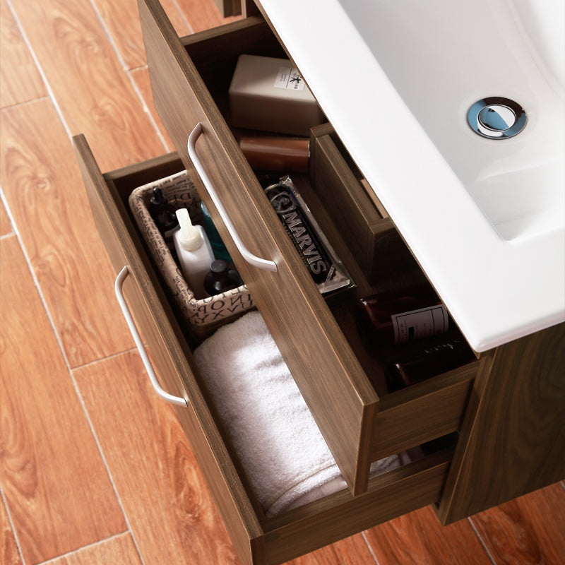 Badmöbel Set 60 cm Weiß/Walnuss Waschbecken mit Unterschrank Waschtisch Keramikbecken Weiß/Walnuss