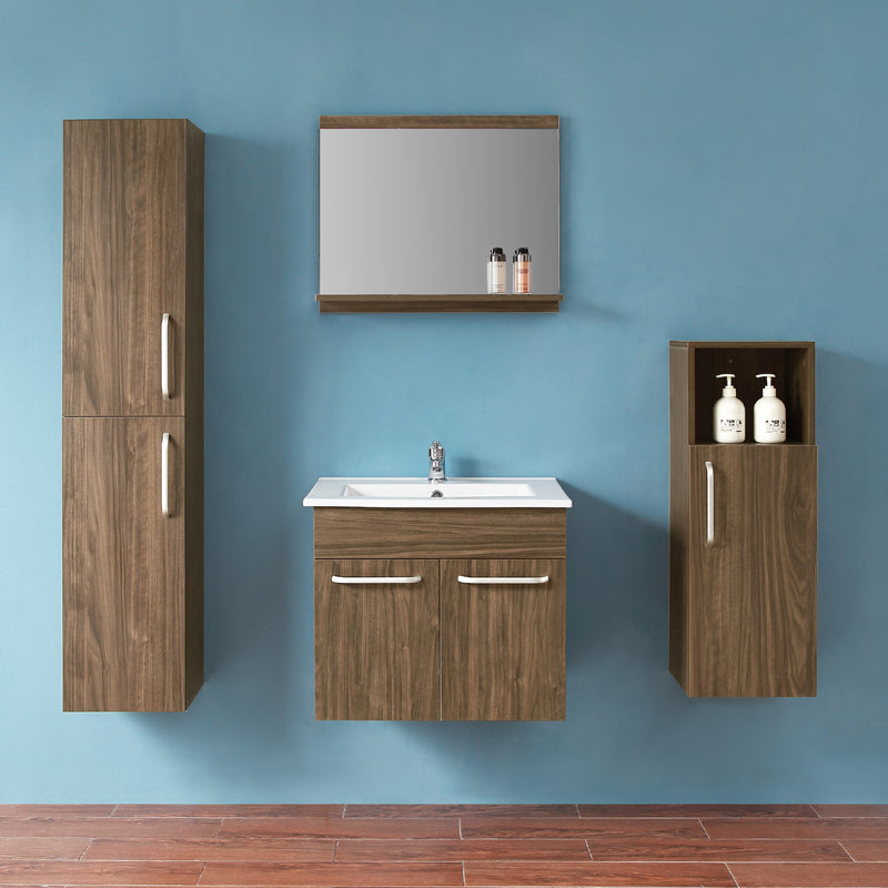 Badmöbel Set 60 cm Weiß/Walnuss Waschbecken mit Unterschrank Waschtisch Keramikbecken Weiß/Walnuss