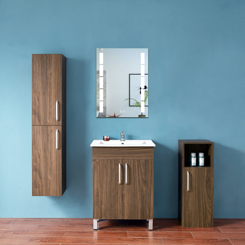 Badmöbel Set 60 cm Weiß/Walnuss Waschbecken mit Unterschrank freistehend Waschtisch Keramikbecken Weiß/Walnuss