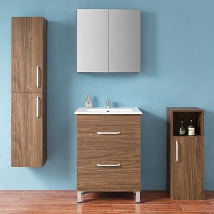 Badmöbel Set 60 cm Weiß/Walnuss Waschbecken mit Unterschrank Waschtisch Keramikbecken