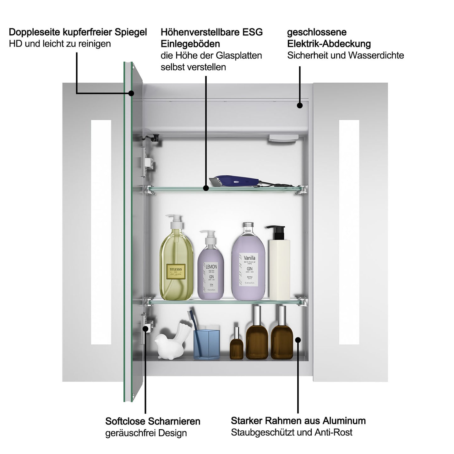 LED Spiegelschrank LISA 65x60cm Badspiegel mit Beleuchtung, Aluminium, Doppelseitiger Spiegel, IR-Sensor Schalter, Rasier Steckdose, Beschlagfrei