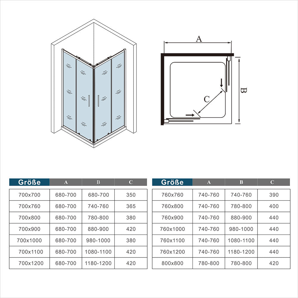 Duschkabine Eckeinstieg Schiebetür Eckdusche Glas Höhe: 185cm