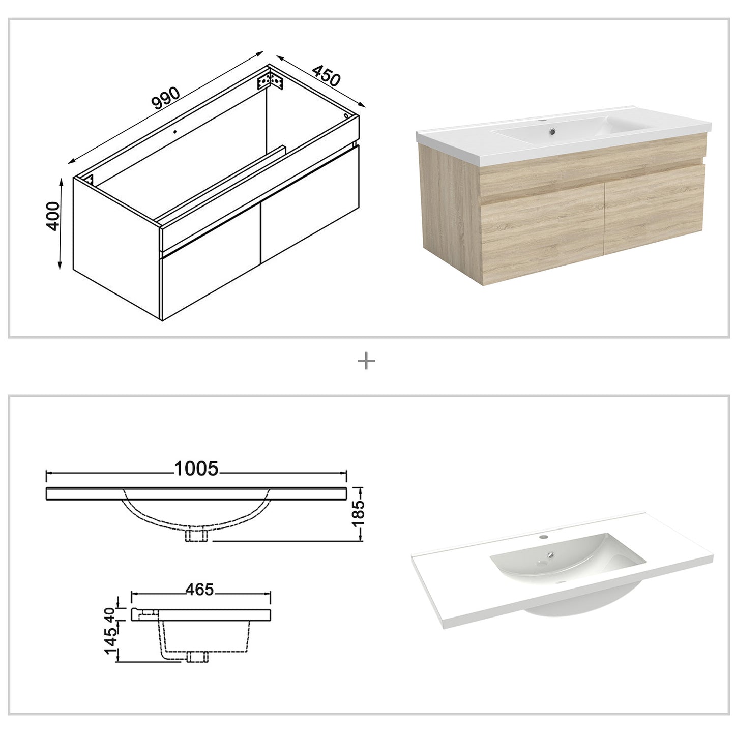 Badmöbel Set 100cm Badezimmer Waschtisch mit Unterschrank Weiß/Anthrazit/Eiche