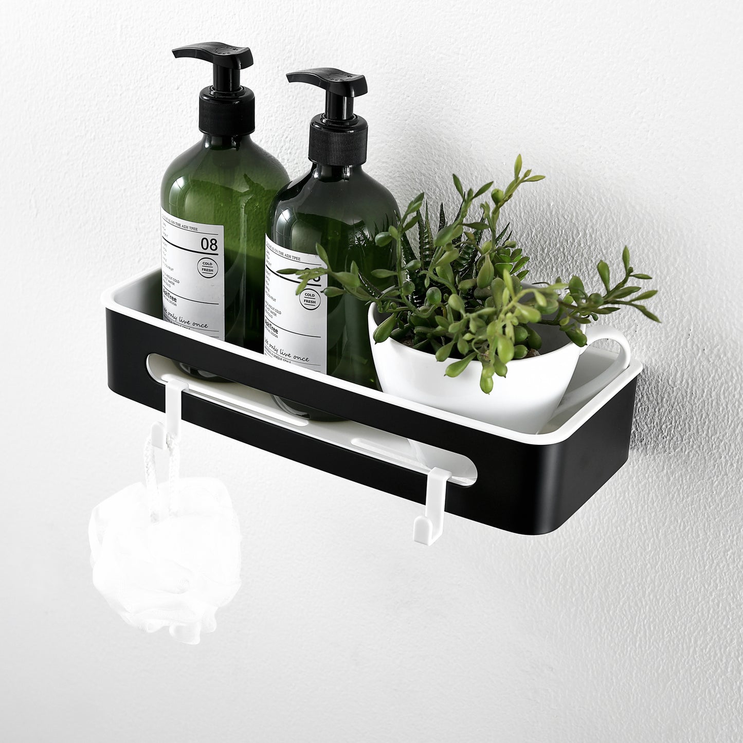 Duschablage mit 2 Haken, Duschkorb KLEBEN oder Bohren, Eckregal Rechteckig/Rechteckig, Schwarz